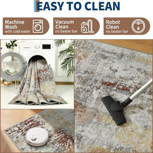 Ompaa Living Room Rug 5x8 Beige Area Rug Machine Washable Boho Rug Non Slip Abstract Vintage Indoor Large Rugs for Bedroom, Classroom, College Dorm, Farmhouse, Dining Room, Kids Playroom - Image 5