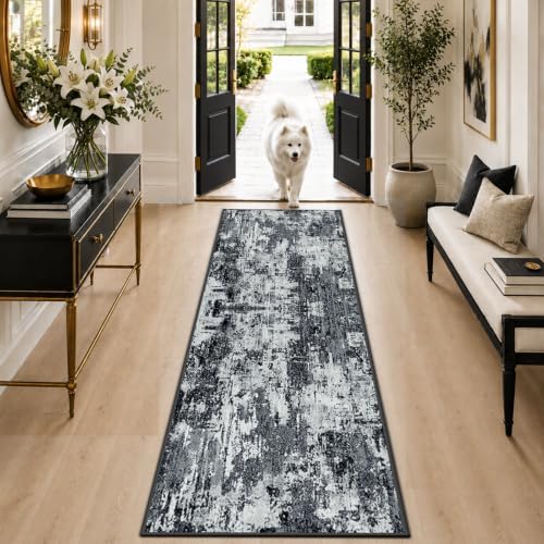 RELEANY Washable Runner 2'x6' Abstract Area Rug for Hallway Black White by RELEANY