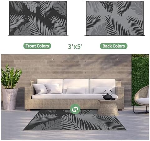 GENIMO Outdoor Rug 3'x5' Waterproof for Porch, Plastic Door Mat Black Grey - Image 2