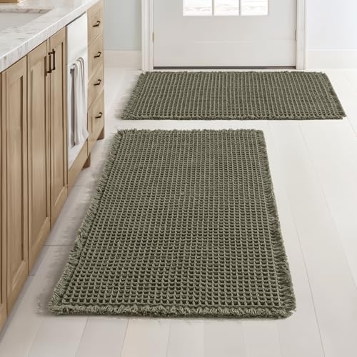 MIULEE Set of 2 Waffle Bathroom Rugs Boho Bath Mat Green 18x30 Inch by MIULEE