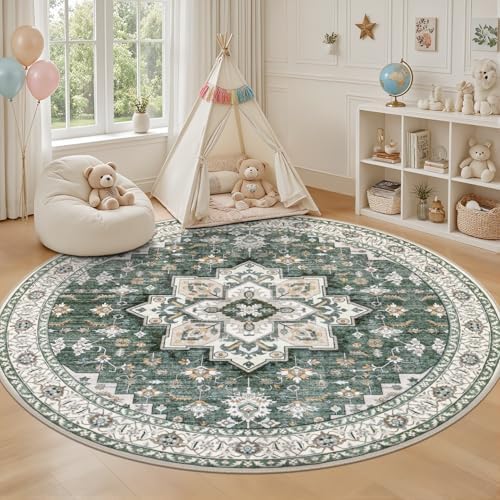 Round Area Rug for Living Room: 8ft Boho Washable Rug Green Ivory - Image 5