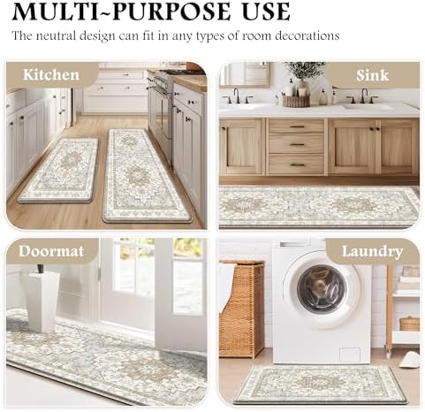 Boho Kitchen Mats for Floor 2PC Anti Fatigue Kitchen Rugs, Beige Tan - Image 6