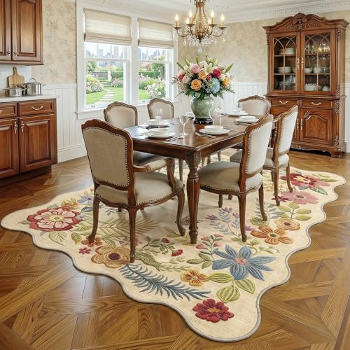 FMFUNCTEX 5x8 Washable Beige Floral Boho Scalloped Area Rug for Living Room - Image 3