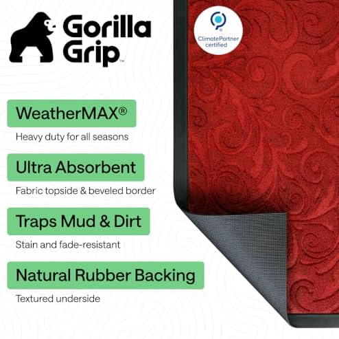 GORILLA GRIP WeatherMAX Door Mat, Indoor Outdoor, 29x17, Red Vintage Wine - Image 2