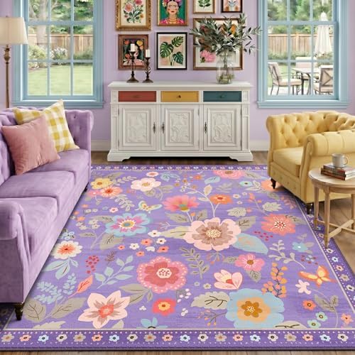RELEANY Floral Washable Square 8ft Area Rug Purple/Pink by RELEANY