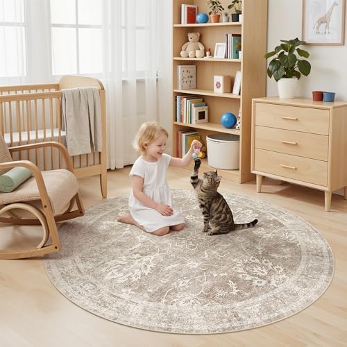 Madane Washable Round Rug 5ft for Living Room, Soft Neutral Rug Brown/Sand - Image 4