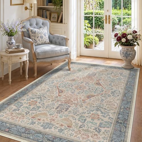 Boho Floral Bird Pattern 4x6 Large Mudroom Rug - Natural Red Blue Washable Reading Corner Area Rug, Modern Vintage Kitchen Floor Carpet, Low Pile Non-Slip Carpet for Door Mat Indoor Entrance - Image 3