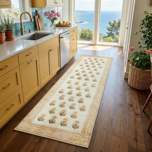 Non Slip 2x6 Kitchen Runner Rug Washable, Hallway Runner Rugs, Boho Vintage Floral Beige Brown Non Skid Carpet Stain Resistance Ultra Soft Low Pile for Entryway, Bathroom Mats for Floor - Image 3
