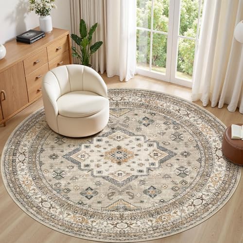 cotiled 8ft Round Living Room Area Rug, Washable, Traditional, Beige by COTILED
