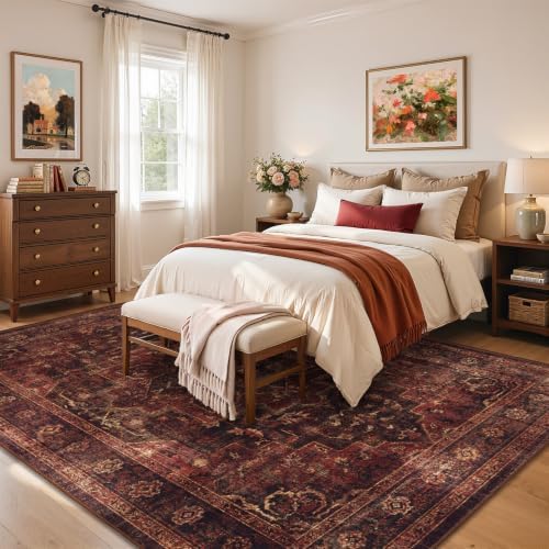 Washable Area Rug 10'x14' Living Room, Vintage Medallion, Dark Red - Image 3