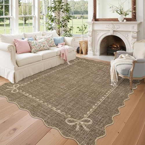 GarveeHome Scalloped Bow Rug 9x12 Washable Brown Rug for Living Room by GarveeHome