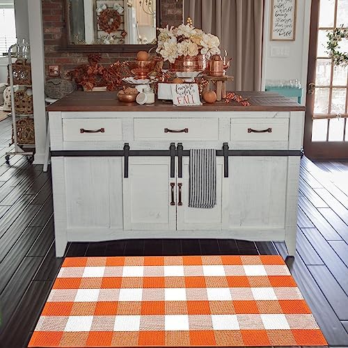 Fall Outdoor Rug Orange Buffalo Plaid Outdoor Rug Cotton Hand-Woven Buffalo Check Rug Layered Doormats for Front Door/Front Porch/Farmhouse/Entryway/Patio(Orange and White Plaid, 27.5'' x 43'') - Image 3