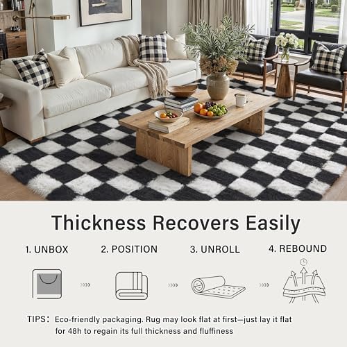 PureCozy Checkered Rug 9x12 for Living Room Black and White Soft Shag Rugs - Image 5