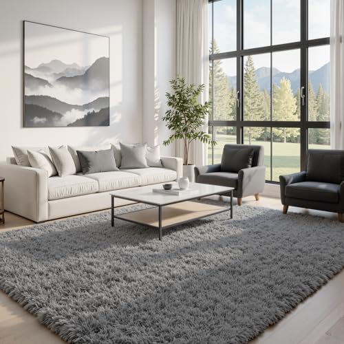 5x8 Fluffy Shag Area Rugs for Living Room Bedroom: Soft Carpet Light Gray - Image 2