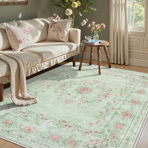 Wonnitar Floral Bow Print Washable Rugs 5x7, Sage Green Rug for Living Room, Ultra-Thin Non Slip Soft Boho Carpet for Dining Room Bedroom Kid Room Playroom, Light Green by Wonnitar