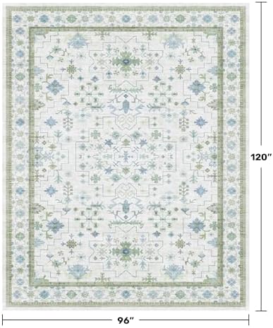 Hazo Haus Blue and Green Living Room Rug 8x10 - Cream Oushak Vintage Boho Floral Farmhouse, Washable Low Pile Non-Slip Extra Large Area Rugs for Bedroom, Girls, Boys, Playroom, Lounge - Image 2