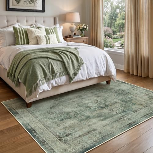Muted Green 5x7 Area Rugs for Living Room, Washable Non Slip Bedroom Rug with Distressed Medallion Printed, Modern Farmhouse Low Pile Thin Carpet Rugs for Dining Room/Kitchen/Home Office - Image 3
