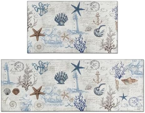 Nautical Kitchen Rug Set of 2,Ocean Themed Kitchen Decor Vintage Beach Kitchen Mat Non-Slip Washable, Farmhouse Kitchen Decor Anti Fatigue Floor Mat for Kitchen Laundry Room,17x30+17x47 Inch by Twyt+decor