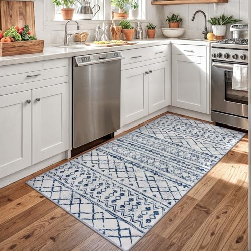 KUTA Vintage Boho Washable Rugs 3x5, Moroccan Entryway Rug Blue White - Image 2