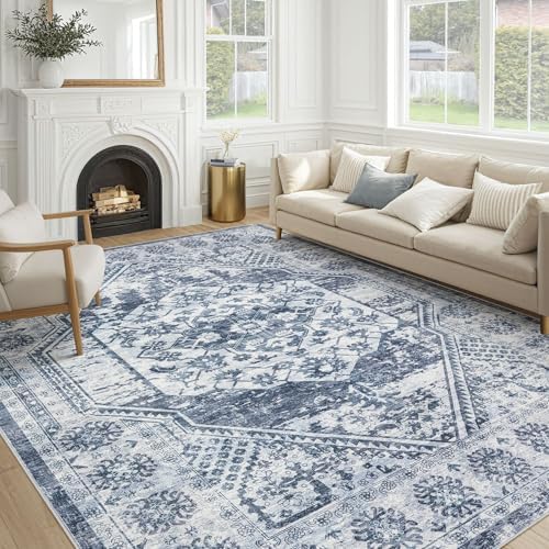 cotiled 8x10 Area Rug for Living Room, Washable, Traditional, Distressed Blue by COTILED