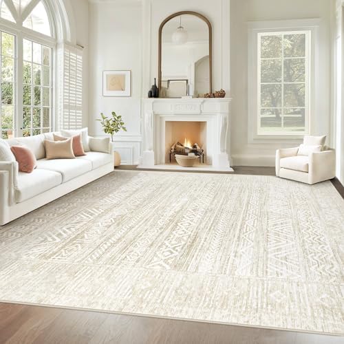 10x12 Area Rugs for Living Room: Washable Moroccan Geometric Boho Rug Farmhouse Non Slip Stain Resistant Large Rug Low Pile Soft Carpet for Bedroom Dining Room Children Room (Ivory Beige,10'x12') by VECARF