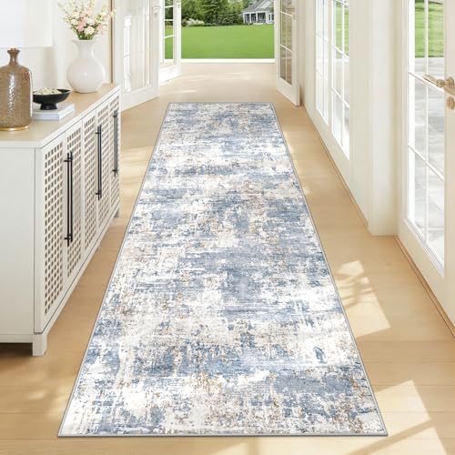 XLUEZ 2.6x8 Runner Rug for Hallway, Washable Modern Abstract Runner Rugs Neutral Soft Non Slip Kids Rug Stain Resistant Indoor Runners for Entryway Bedroom Kitchen Laundry Room(Blue, 2'6''x8') by XLUEZ