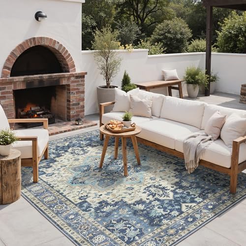 GENIMO Indoor Outdoor Rug, Washable for Patio and Deck, Navy Ivory, 6x9 - Image 6