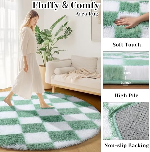 KICMOR Round Rug 4ft for Bedroom, Fluffy Soft Circle Area Rug Cute Small Living Room Carpet, Sage Green and White Fuzzy Shag Shaggy Checkered Circular Rugs for Kids Room Nursery Home Decor Aesthetic - Image 2