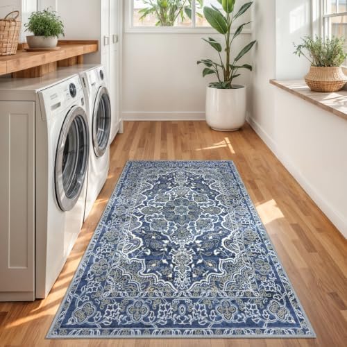 KUTA Vintage Rug 3x5 Area Rugs for Entryway Blue Beige Washable Kitchen Rug - Image 3