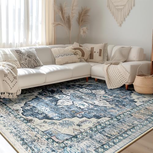 BESTSWEETIE 6x9 Area Rug Washable Rugs for Living Room, No Pile Boho Carpet for Entryway Bedroom Dinning Room, Vintage Carpet Print Distressed Non-Slip, 6 x 9 ft, Blue Navy - Image 2