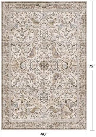 Vintage Washable 4x6 Area Rug for Bedroom Beside, Entryway, Mudroom, Kitchen, Living Room, Low Pile Non Slip, Oriental Stain Resistant Carpet with Moss Green Bird Pattern - Image 2