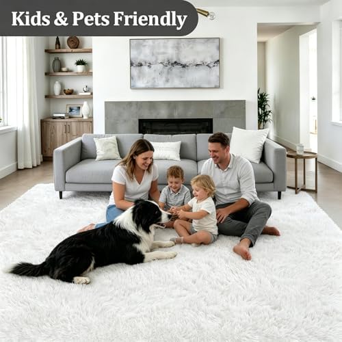 Area Rug Living Room Bedroom: 5x7 Fluffy Plush Shag Carpet Ivory - Image 4