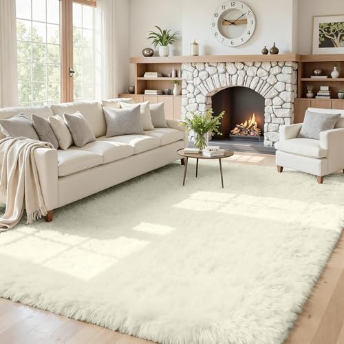 5x7 Fluffy Shag Area Rugs for Living Room Bedroom: Soft Carpet Cream White by CarpetAddColortoYourLife