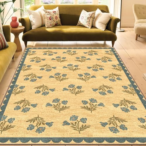 Floral 5x8 Living Room Rug, Blue Brown Scalloped Bedroom Area Rug by Othilic