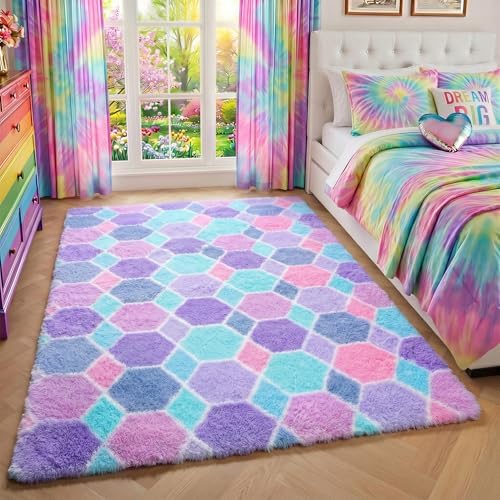 Checkered Purple Rainbow Area Rugs, Fluffy 5x8 Geometric Rug Girls Bedroom - Image 6