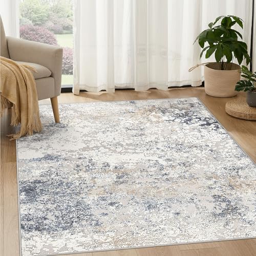 DMOYEST Square Area Rug Living Room Rugs - 6x6 Washable Large Soft Indoor Neutral Modern Abstract Low Pile Rug Carpet for Bedroom Dining Room Farmhouse Home Office - Beige Blue by DMOYEST