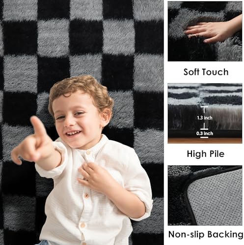 KICMOR Rugs for Living Room 5x7 Black and Grey, Soft Fluffy Checkered Shag Area Rug Furry Shaggy Floor Carpets for Bedroom, Indoor Fuzzy Plush Rug for Teen Kids Boys Girls Room Nursery Home Decor - Image 2