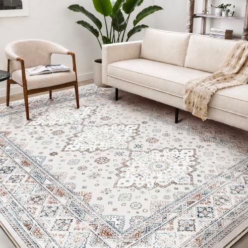 CHAMPLANT Washable Area Rug 8x10 Retro Flowers Boho Design Non-Shedding Easy Care Ideal for High Traffic Areas in Living Room Bedroom Office Coffee Table Kitchen Large Carpet - Image 2