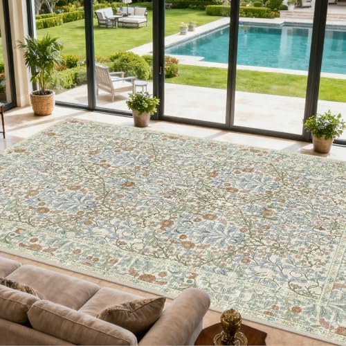 10x14 Area Rug for Living Room Washable Carpet (Beige Blue) - Image 4