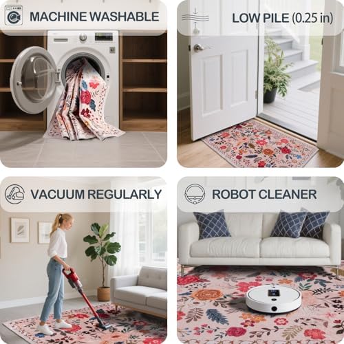 Washable Beige Red 2'6" x 10' Runners for Hallways, Non Slip Long Floor Runner for Kitchen, Entryway Indoor, Stain Resistant Rubber Backing Floral Décor Rug - Image 6