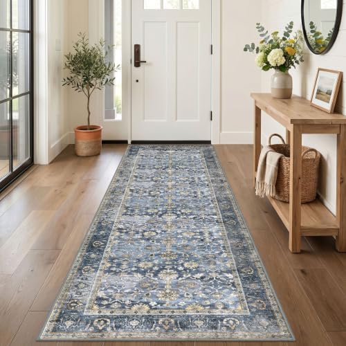 KUTA Vintage Washable Runner Rug 3x9 Blue Grey Beige Wide Hallway Runner by KUTA
