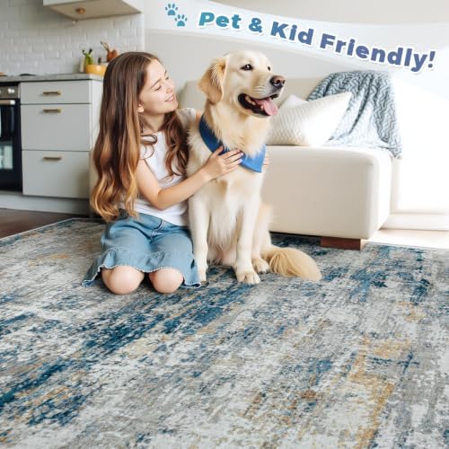 pmtsns Area Rugs 8x10 for Living Room: Washable Rug Modern Abstract Neutral Soft Non-Slip Low-Pile Indoor Large Carpet for Bedroom Dining Room Home Office Children's Room(BlueGreyGold, 8'x10') - Image 5