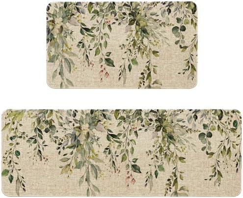 Sage Green Eucalyptus Spring Kitchen Rugs Sets of 2 Non Slip Washable, Botanical Leaves Summer Spring Kitchen Mats for Floor 2 Piece Home Decor by Unknown