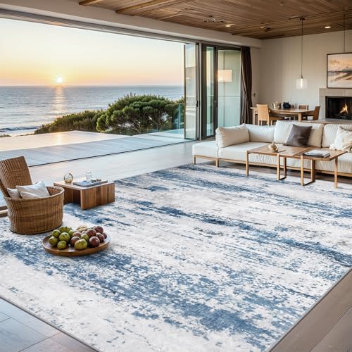 PLHXFR 8x10 Area Rug Living Room: Abstract Washable Carpet White Blue by PLHXFRSoftAreaRugs