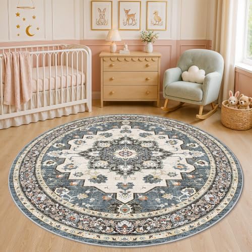 Area Rugs Round 6ft Non-Slip：Floral Vintage Distress Medallion Carpet Blue - Image 4
