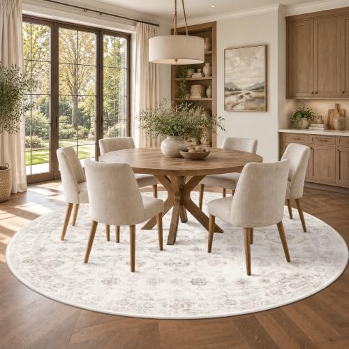 Washable 6ft Round Living Room Rug Non-Slip Floral Beige Throw Carpet - Image 2