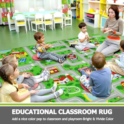 Capslpad Green Car Road Kid Rug Carpet Playmat for Playoom Traffic Road Kids Play Mat for Toddler Non Slip Washable City Map Race Track Carpet Rug for Kids Room Playroom Classroom Decor,6.6'x9.8' - Image 7