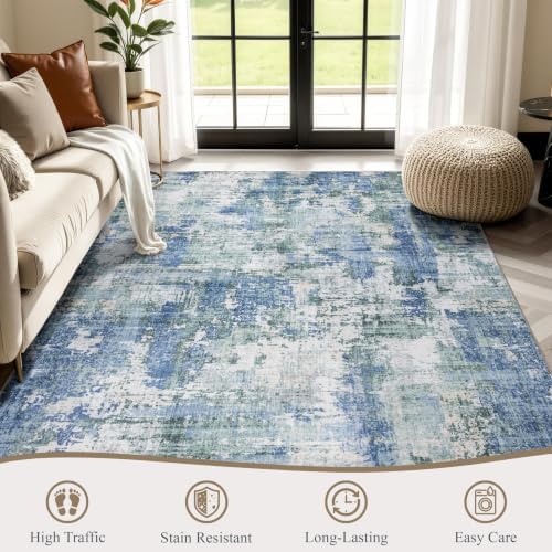 Sasttie 5x7 Washable Area Rug, Modern Abstract Carpet, Blue & Green - Image 2