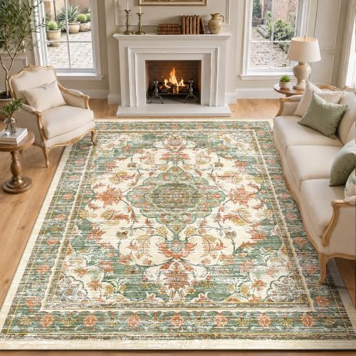 8x10 Area Rugs for Living Room, Boho Washable Carpets, Green Orange Beige by tubeamin