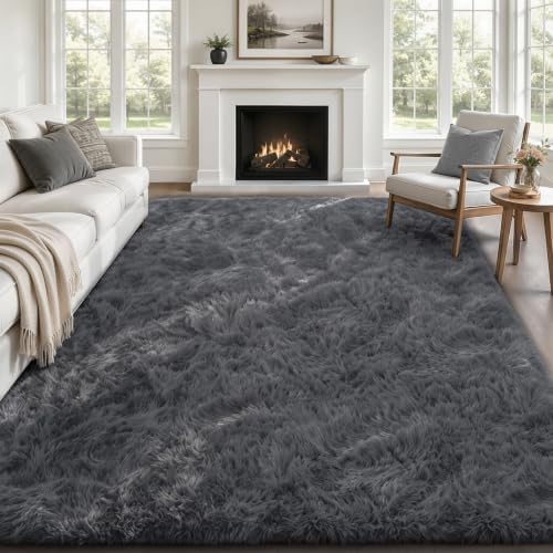 TENGTENGLINK 5x8 Fluffy Shag Area Rug Living Room Bedroom Washable Grey - Image 3